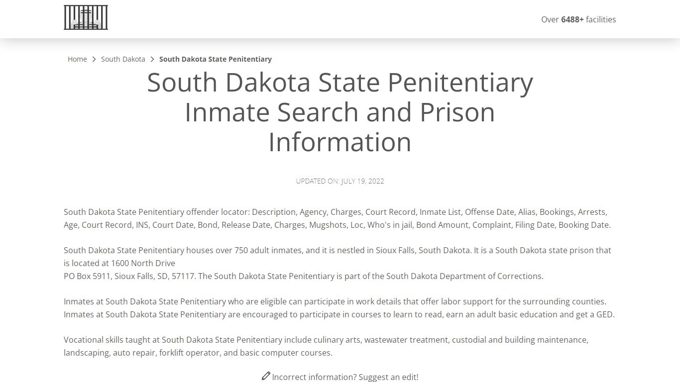 South Dakota State Penitentiary Inmate Search, Visitation ...