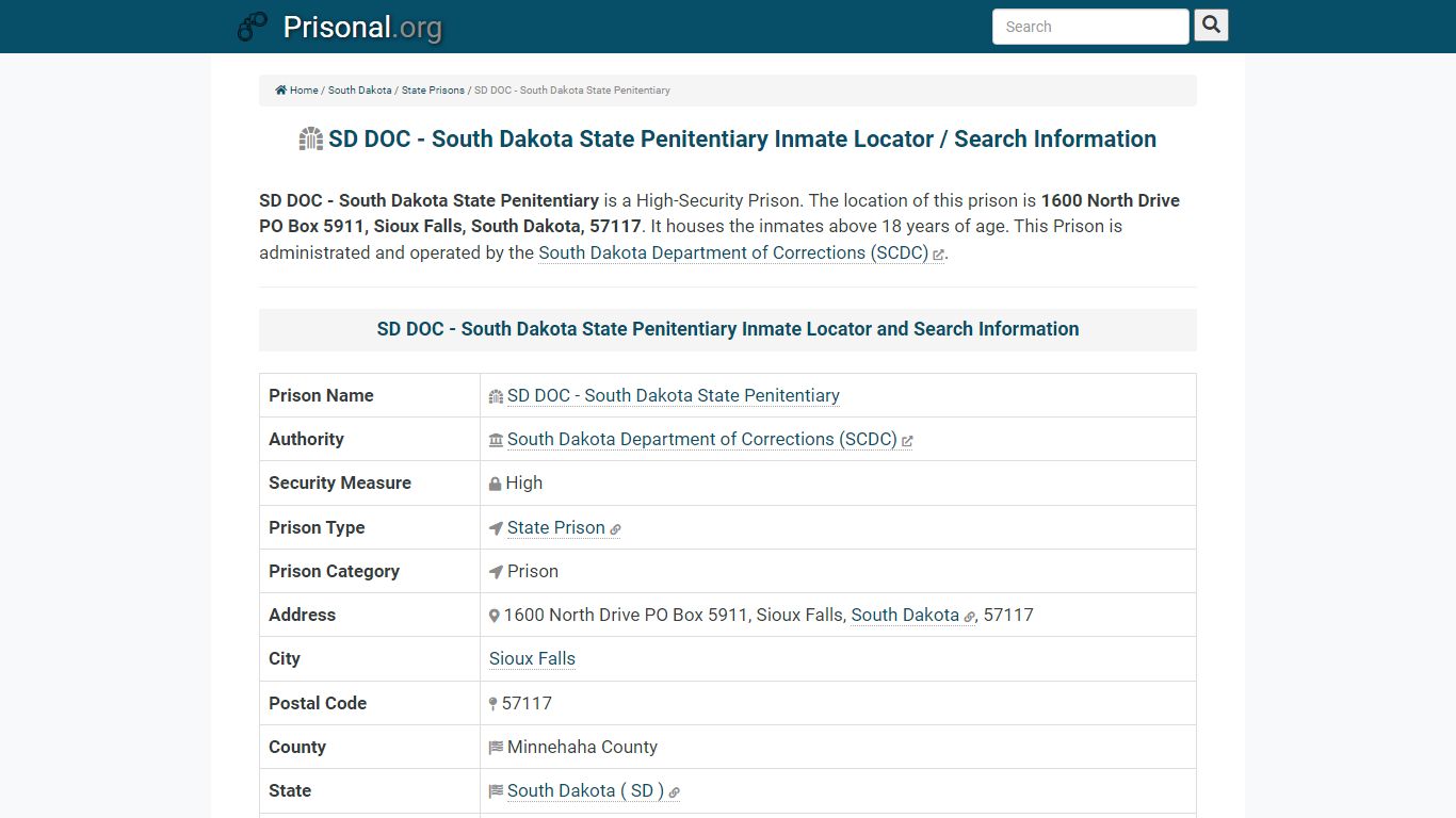 SD DOC - South Dakota State Penitentiary-Inmate Locator ...